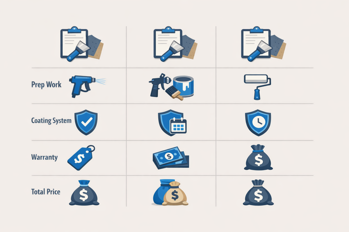 Infographic: Comparison chart showing three sample cabinet refinishing quotes, breaking down prep work, coating systems, warranty, and total price to help homeowners compare options.