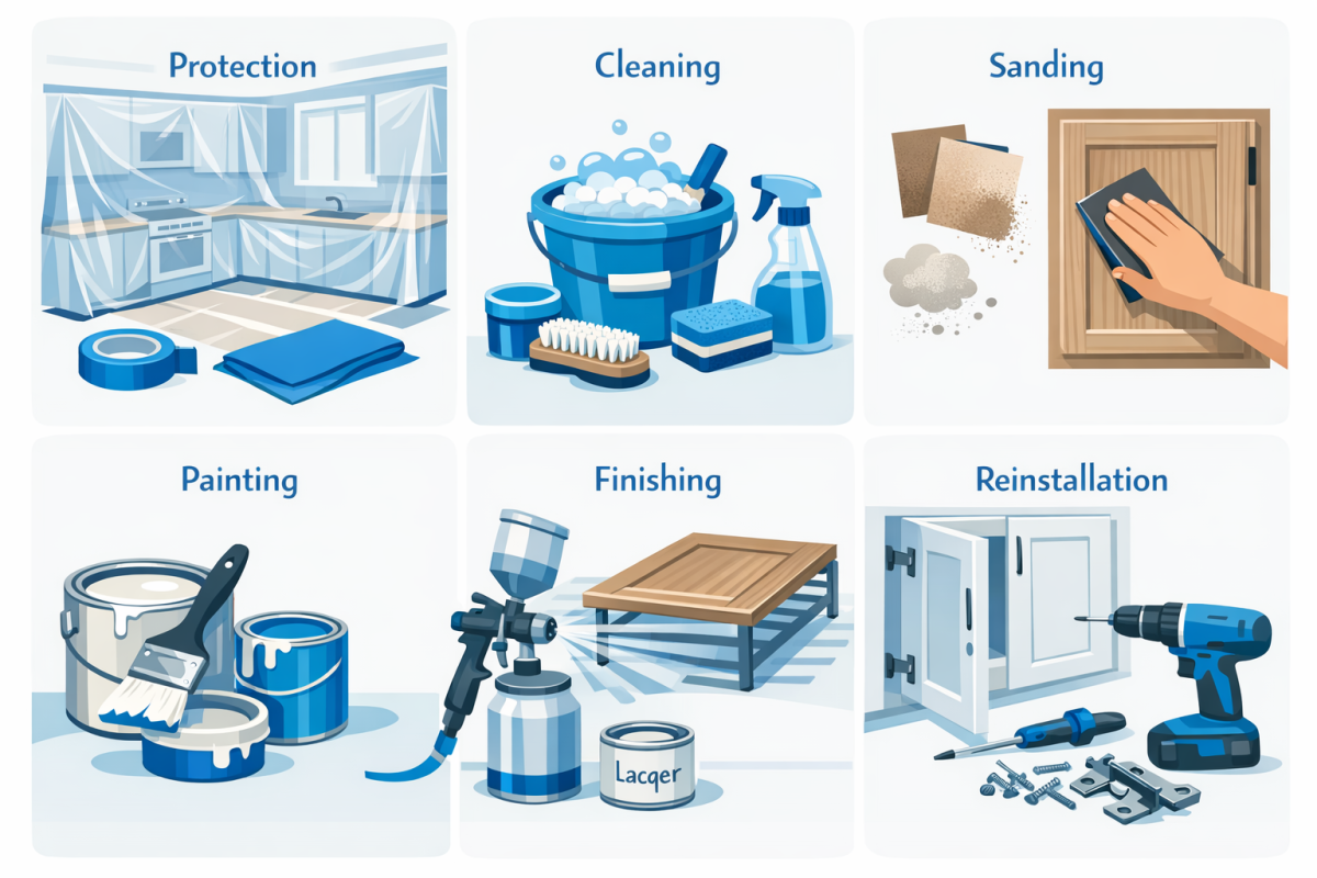 Infographic: Step-by-step process diagram of professional cabinet refinishing, from protection and cleaning to final reinstallation