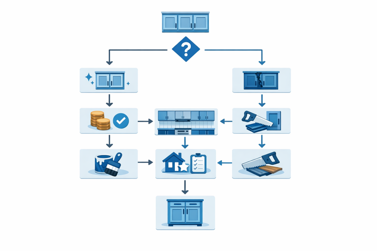 Infographic: Flowchart-style decision tree showing how to choose between refinishing, refacing, or replacing based on budget, cabinet condition, and project timeline