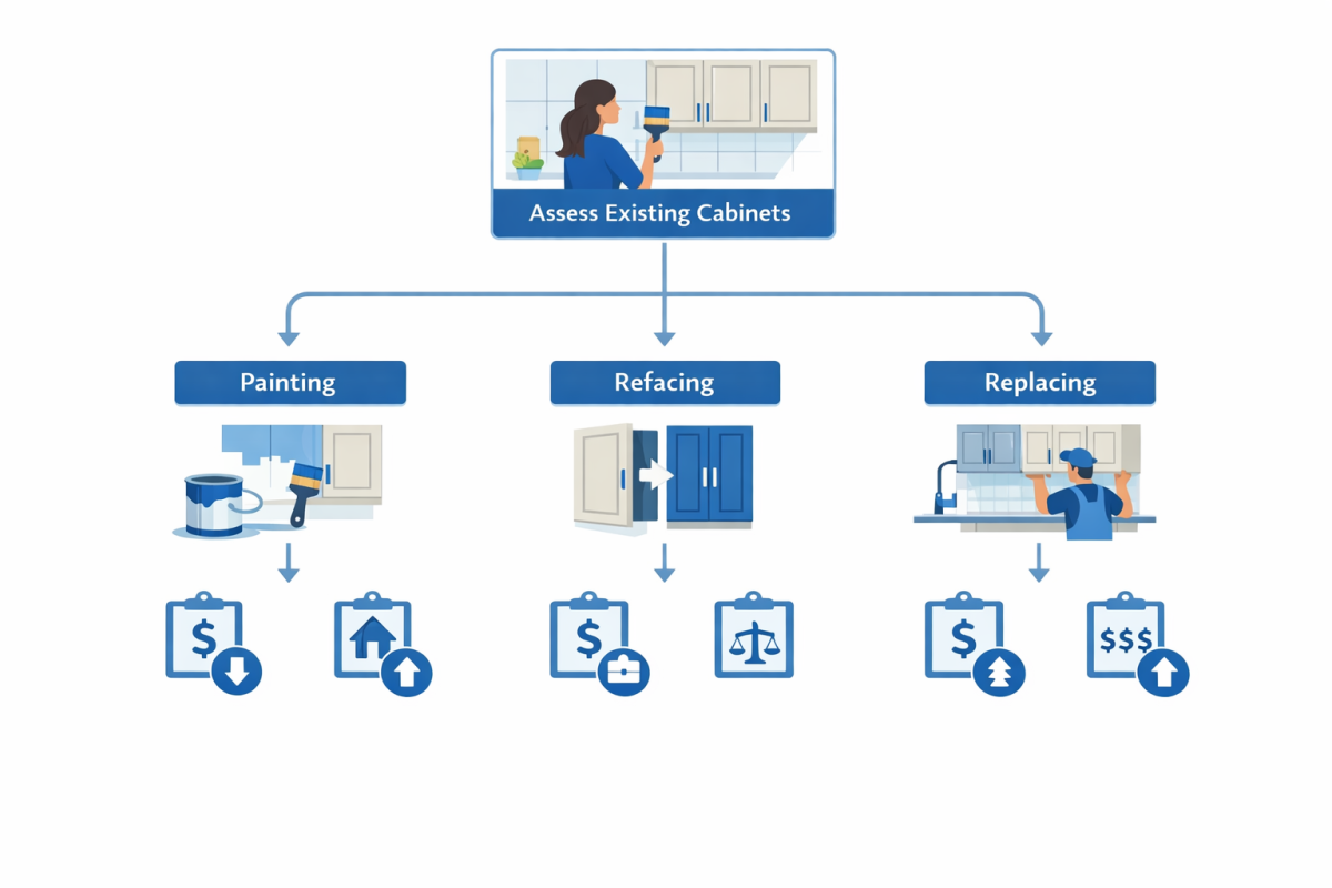 Infographic: Flowchart showing decision path from assessing existing cabinets to choosing between painting, refacing, or replacing, including cost and ROI checkpoints for Denver properties