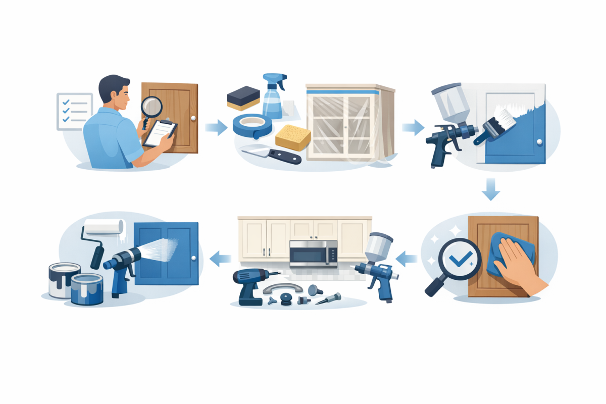 Infographic: Step-by-step process diagram showing the cabinet refinishing journey: 1) Assessment, 2) Prep and cleaning, 3) Priming, 4) Finish coats, 5) Reinstallation and hardware, 6) Final walkthrough