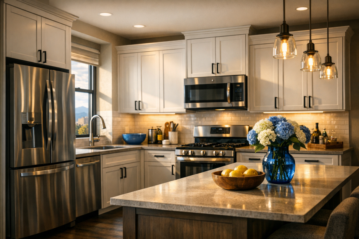 Cinematic wide shot of a staged Denver apartment kitchen with refinished white cabinets, black hardware, and stainless appliances