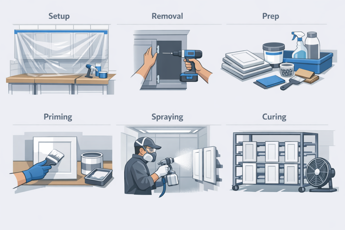 Infographic: Step-by-step process diagram of professional factory finish cabinet refinishing, from protection and removal to prep, priming, spraying, curing, and reinstallation