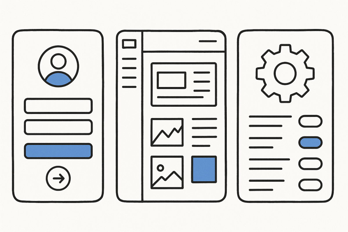 Simple hand‑drawn wireframes of login, dashboard, and settings screens