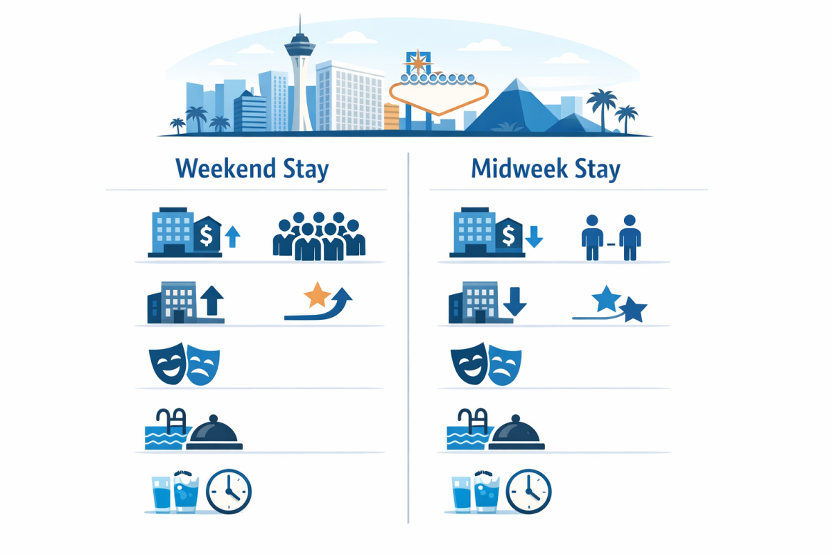 Infographic: Comparison chart showing “Weekend Stay vs Midweek Stay” with columns for Average Room Rate, Crowds, Upgrade Cost, Show Availability, and Pool/Restaurant Wait Times