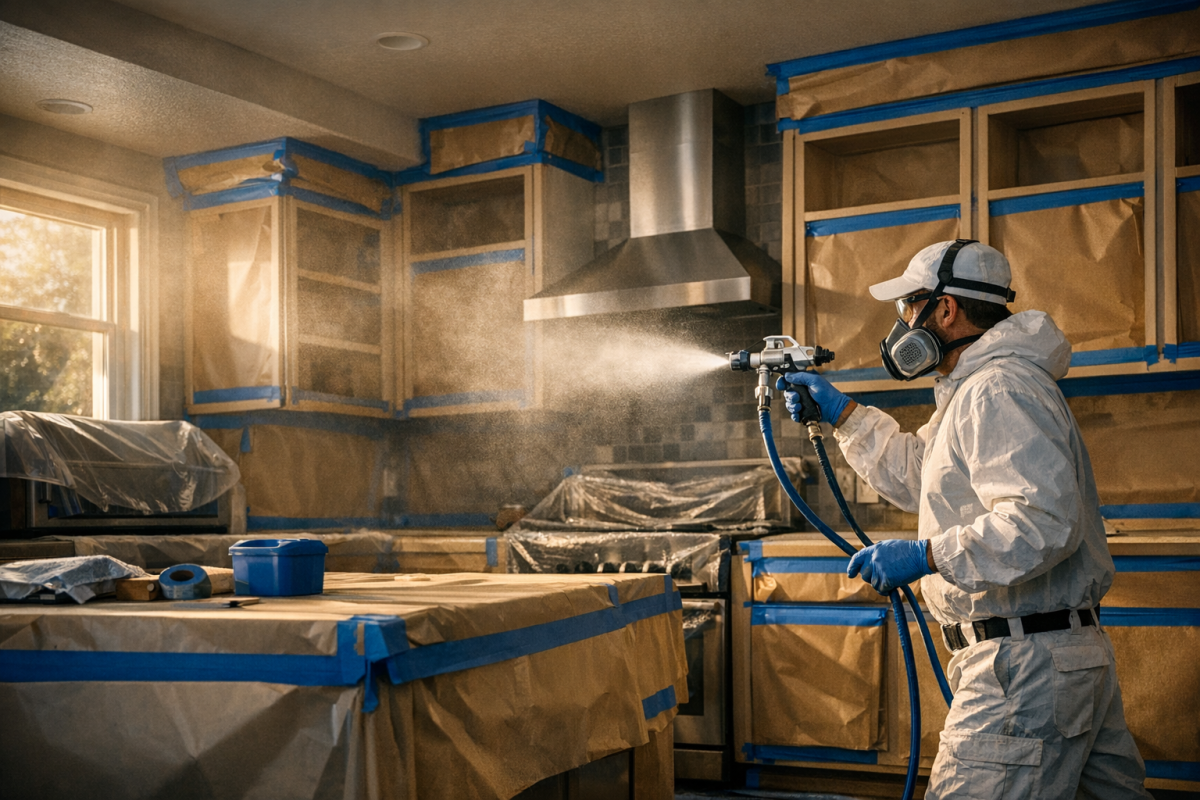 Wide shot of a Denver kitchen mid‑project, cabinet doors removed, boxes masked and a pro using a sprayer
