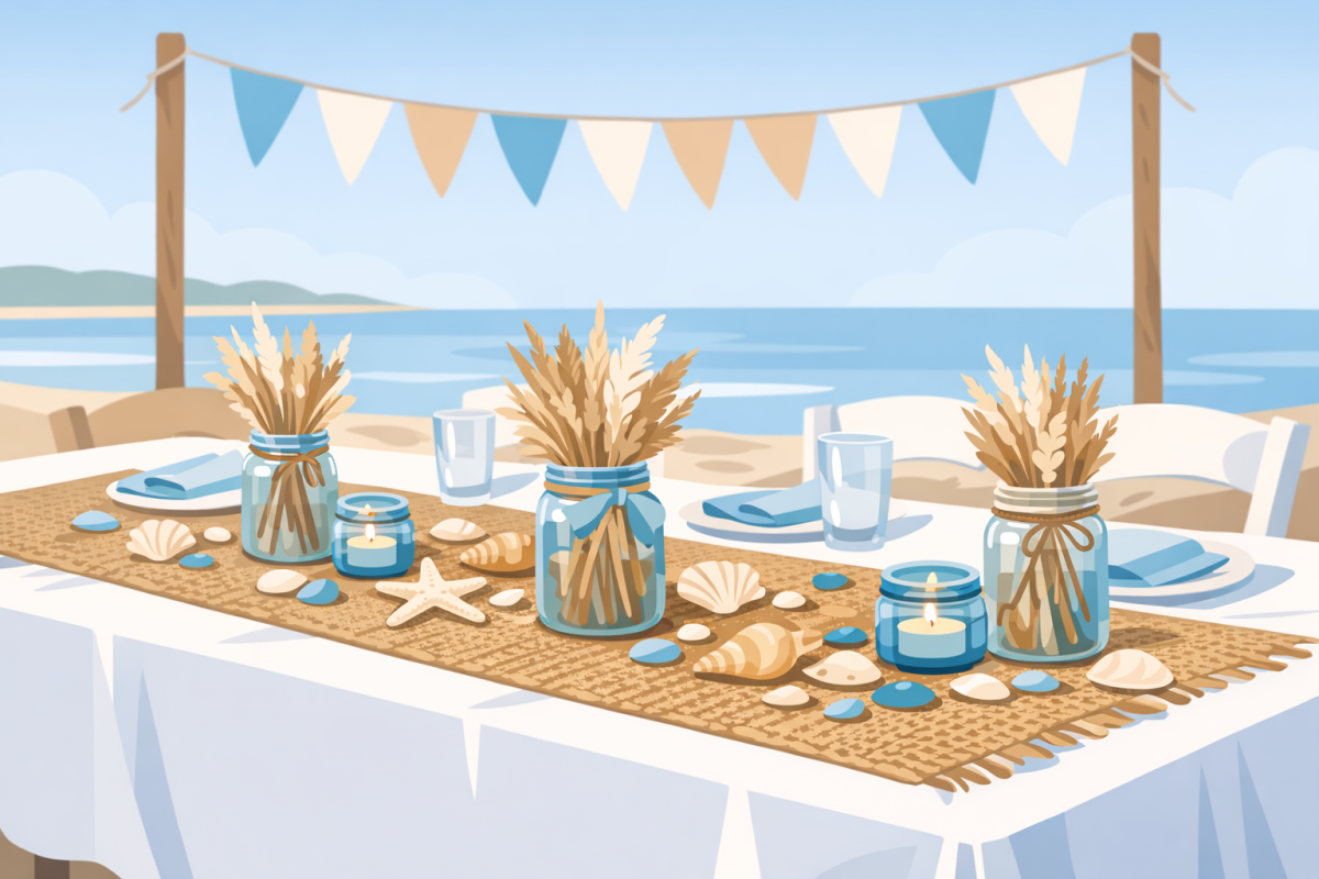 Tablescape styled for a coastal cowgirl bachelorette: white tablecloth, burlap runner, mason jars with dried grasses, seashells, and a simple "Ride The Tide Bride" banner in the background