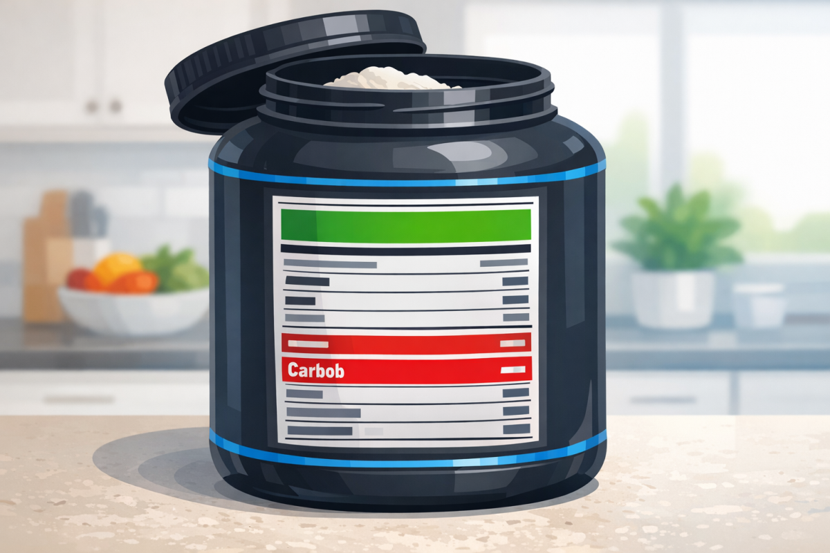 Close-up illustration of a whey protein tub nutrition label with carbs, protein, and ingredients highlighted in color