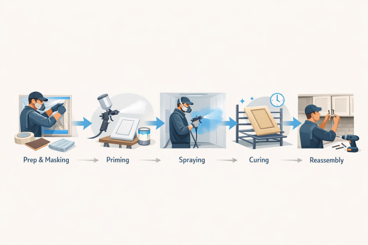 Infographic: Step-by-step process diagram from prep and masking to priming, spraying, curing, and reassembly, with estimated timeframes for each stage