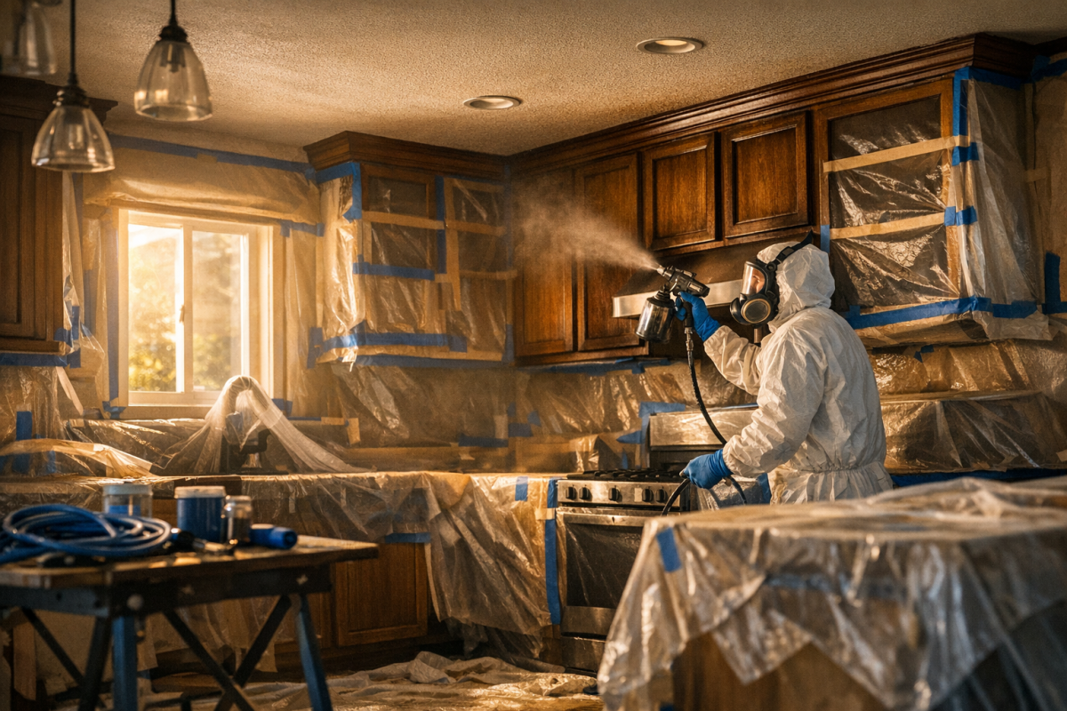 Wide shot of a Denver kitchen mid‑refinish, cabinets masked and sprayed