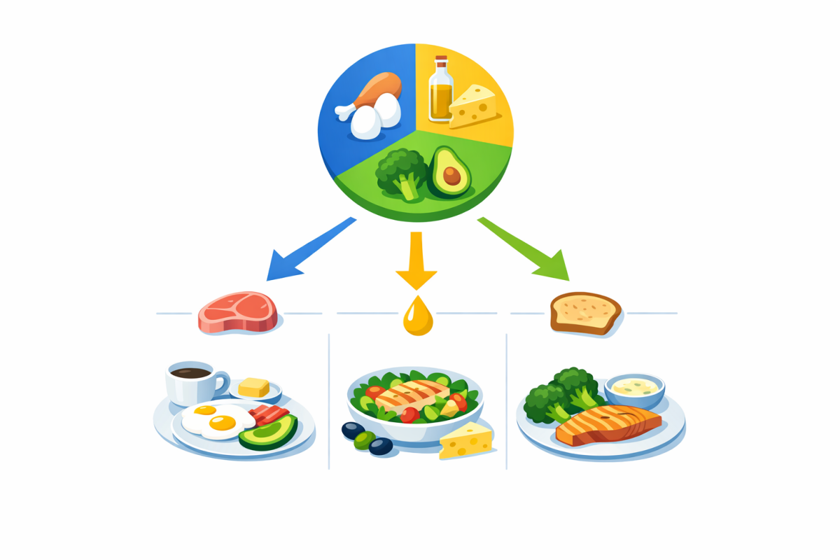 Infographic: Visual “Macro To Meal” flowchart that starts with daily macro targets, breaks them into protein / fat / carb per meal, then maps to example breakfasts, lunches, and dinners for a typical day.
