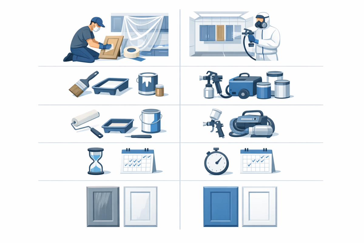 Infographic: Step-by-step process diagram comparing DIY cabinet painting vs professional process, including prep, materials, tools, time investment, and likely finish quality