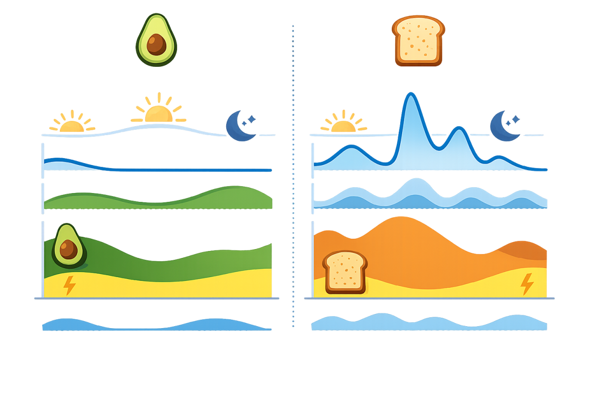 Infographic: Comparison chart showing fuel usage (fat vs carbs), insulin levels, and perceived energy across a typical day on high carb vs ketogenic diet