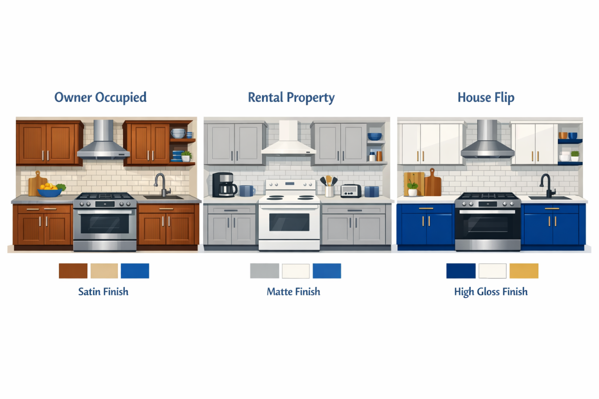 Infographic: Side‑by‑side comparison chart showing three example kitchens with different cabinet refinishing strategies: owner‑occupied, rental, and flip, including color palette, sheen, hardware style, and target buyer/renter profile.