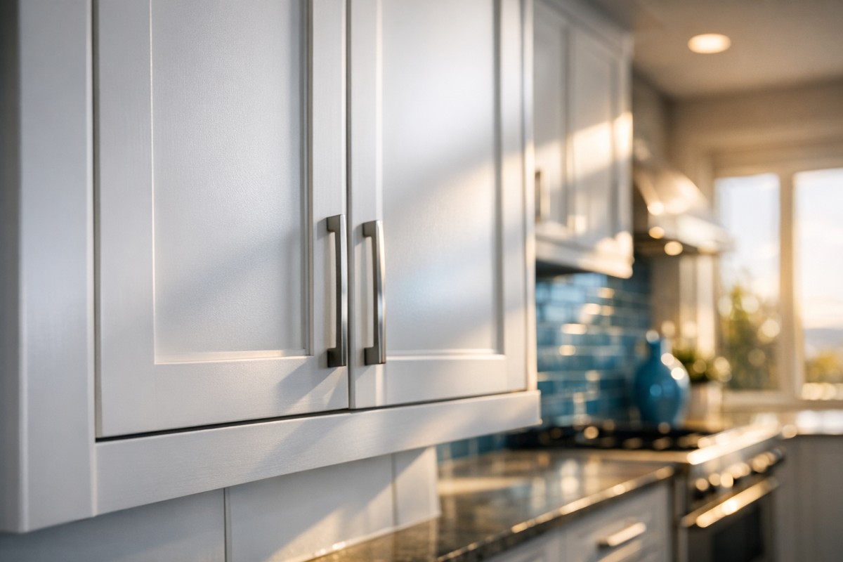Close up of professionally painted satin white kitchen cabinets in a Denver home with sunlight streaming in