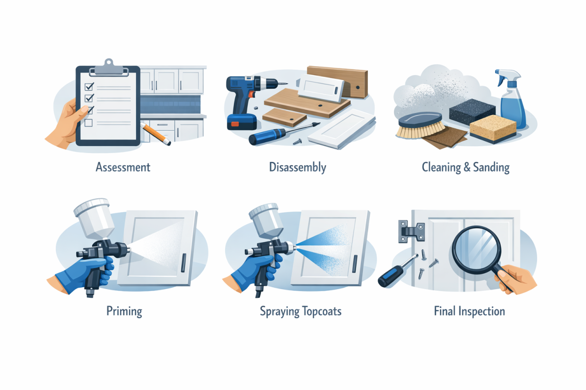 Infographic: Step-by-step process diagram showing: assessment, disassembly, cleaning/sanding, priming, spraying topcoats, reassembly and final inspection