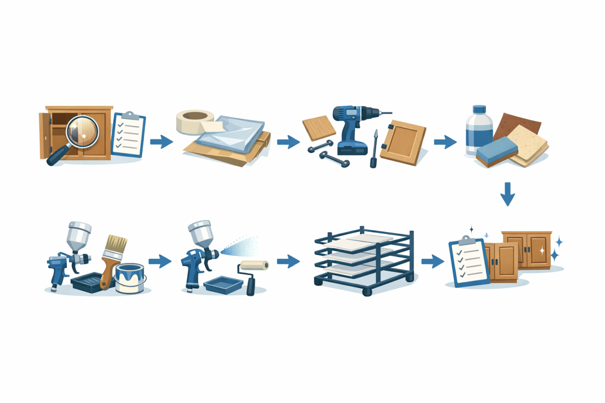 Infographic: Step‑by‑step cabinet painting process diagram from initial inspection through final walkthrough, with icons and brief descriptions for each stage