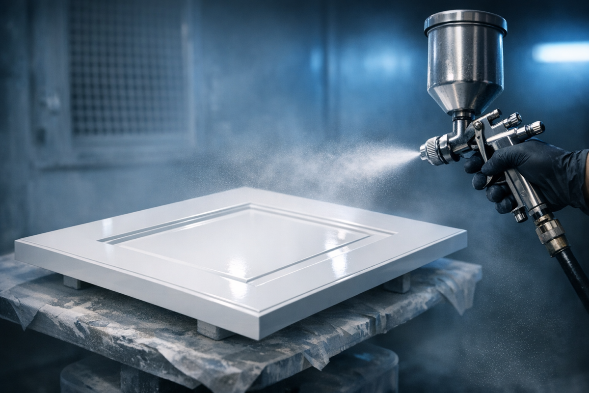 Close-up of a glossy white shaker cabinet door being sprayed in a professional booth