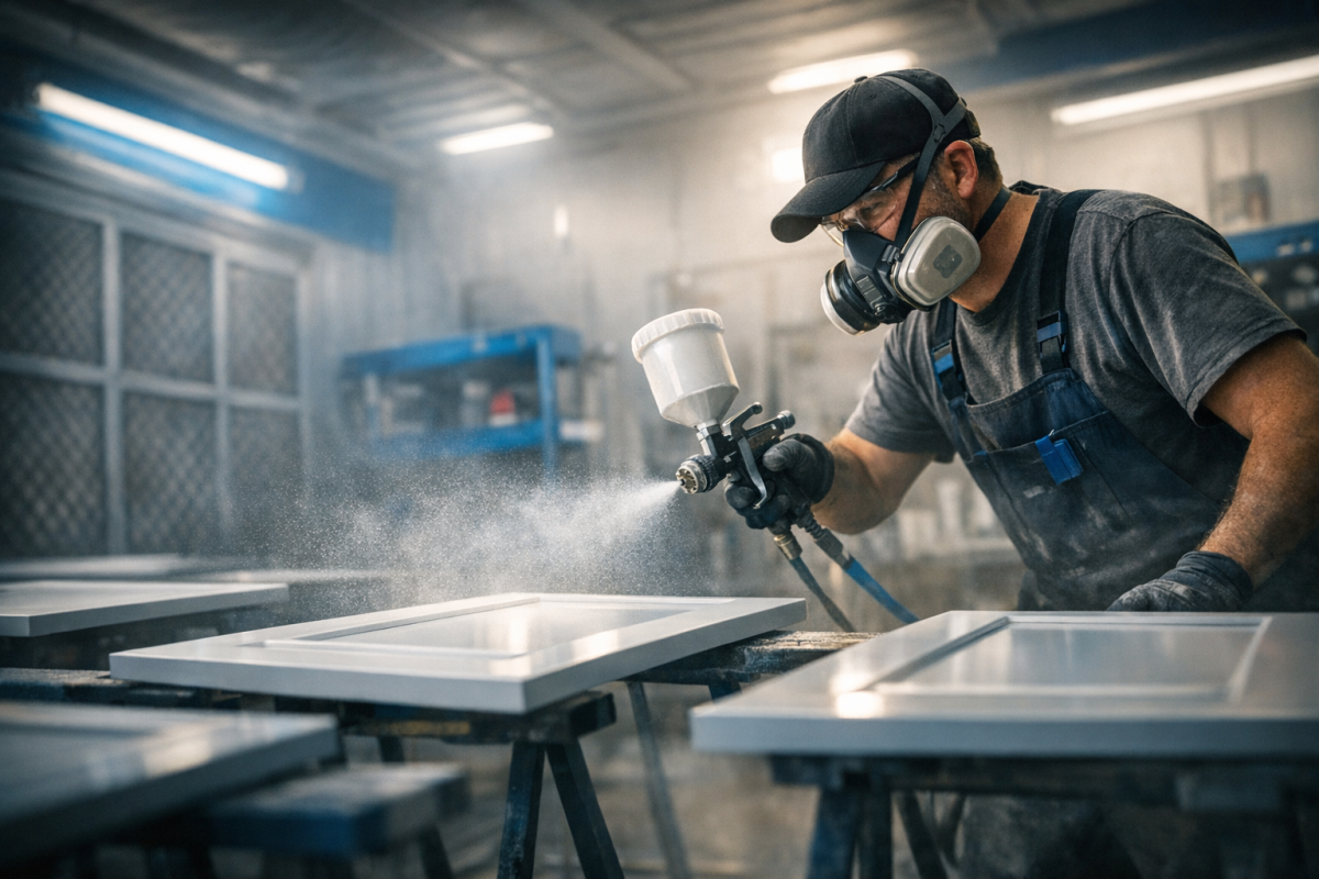 Contractor spraying cabinet doors in a professional shop setting with proper ventilation and lighting