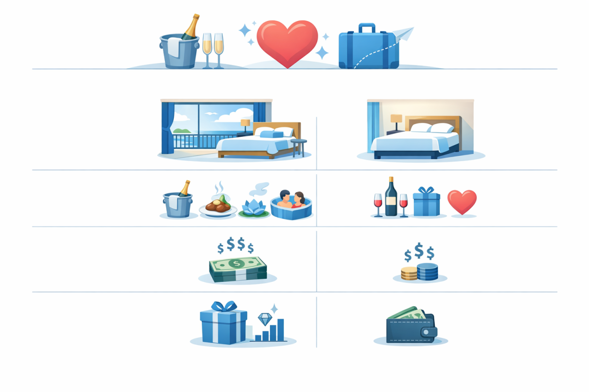Infographic: Comparison chart showing “Luxury Romance Package vs Budget Romance Package,” with rows for room type, included extras, nightly cost, and total estimated value