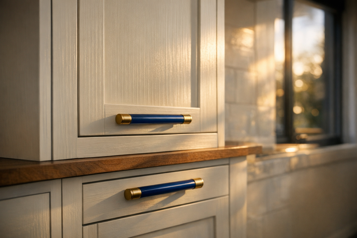 Close‑up of freshly painted shaker kitchen cabinets in a modern Denver home, sunlight streaming through window