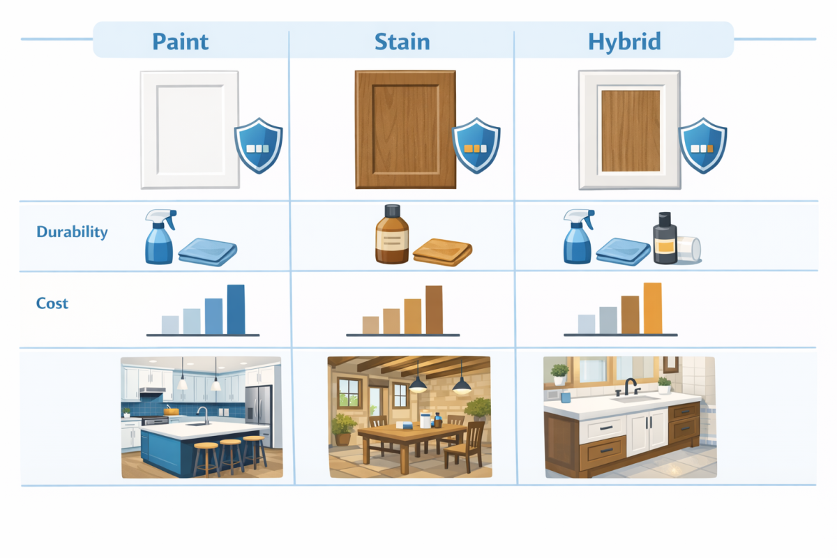 Infographic: Side-by-side comparison chart of paint vs stain vs hybrid finishes showing durability, maintenance, cost, and best use cases