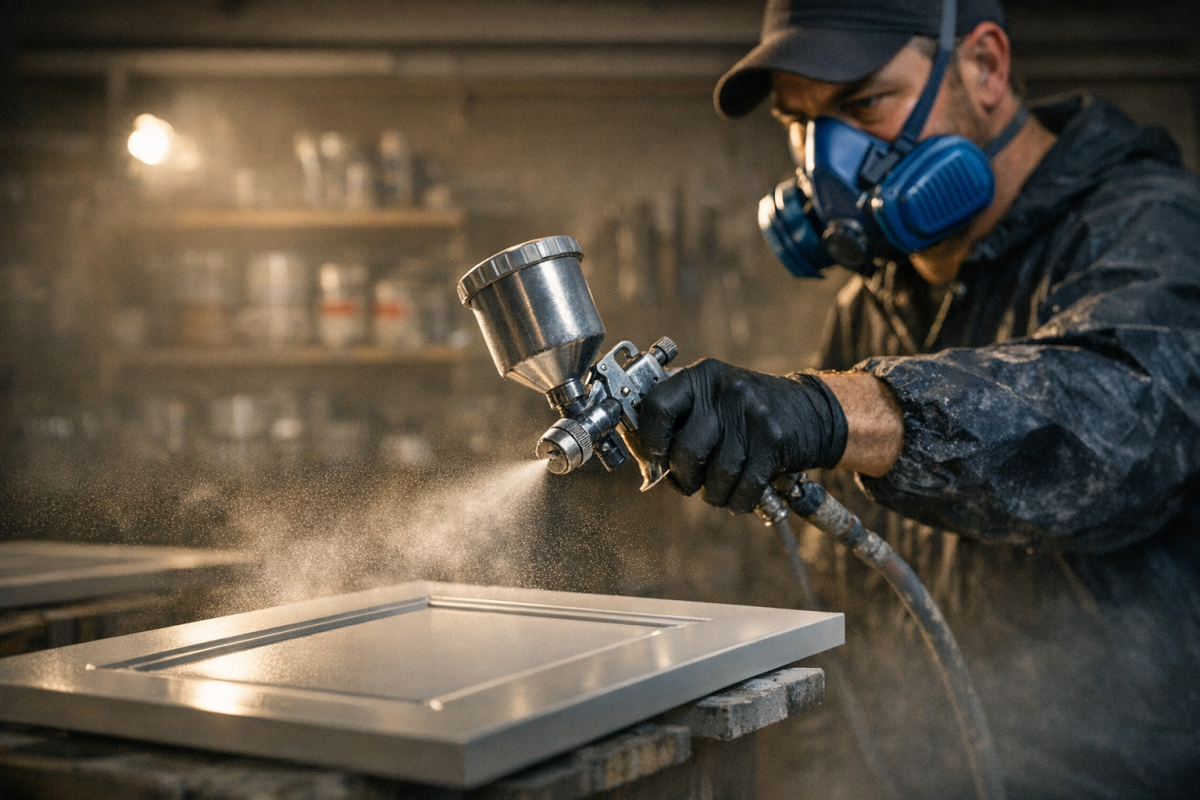 Close-up of a pro painter spraying cabinet doors in a controlled shop environment, fine mist in air, cinematic lighting