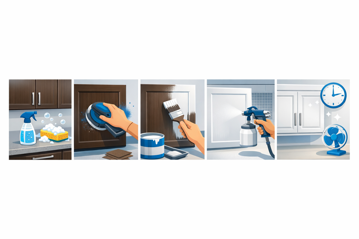 Infographic: Step‑by‑step process diagram from “existing dark cabinets” to “finished painted cabinets,” with icons for cleaning, sanding, priming, spraying, curing