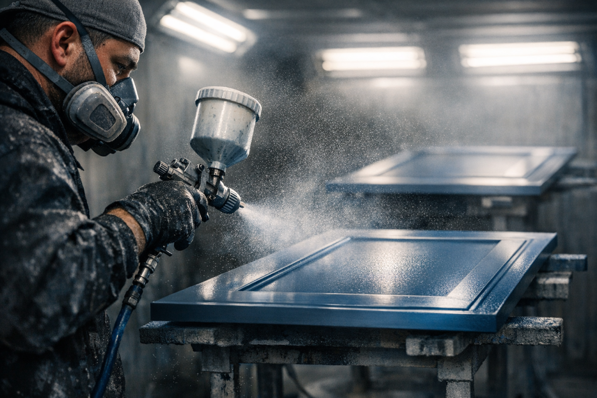 Close up cinematic shot of a refinisher spraying cabinet doors in a professional booth, paint mist lit dramatically
