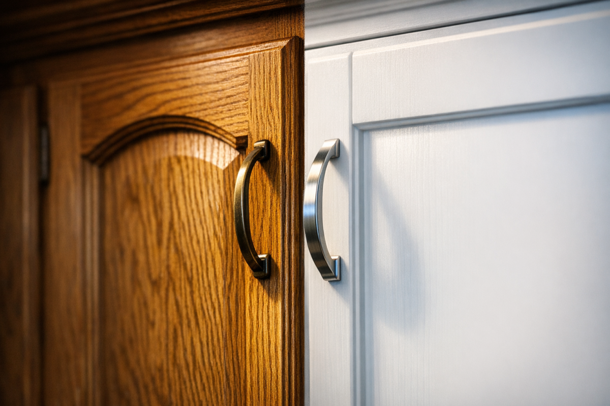 Close-up before/after of golden oak Colorado kitchen cabinets transformed to smooth white finish