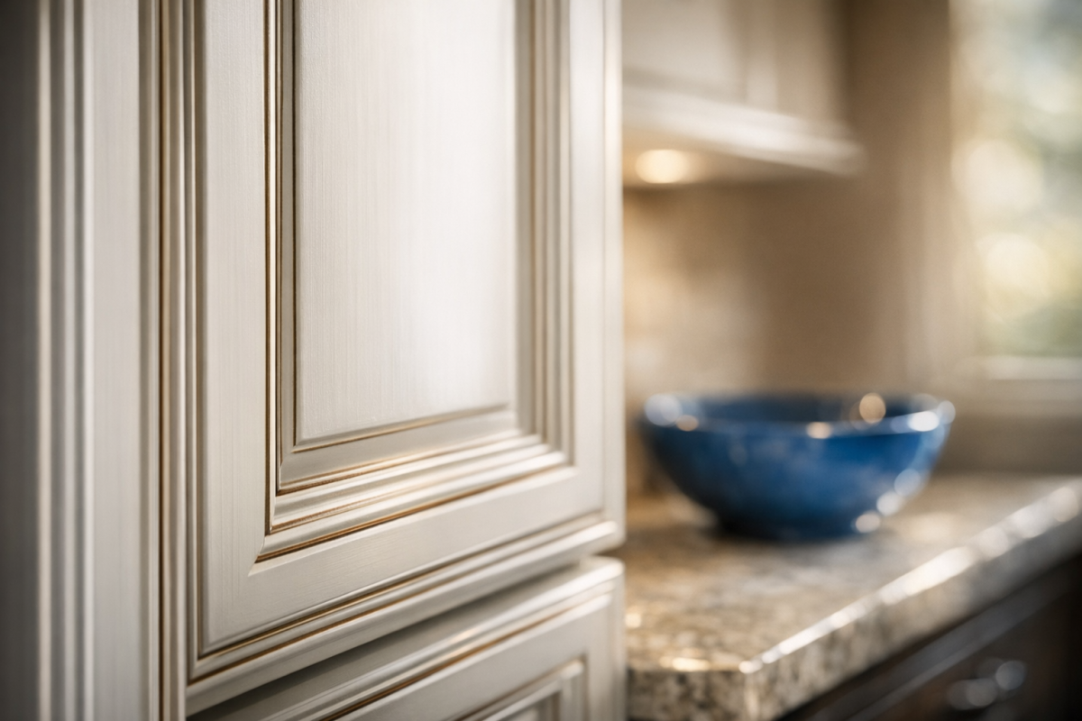 Close-up of refinished kitchen cabinet doors in Denver home, showing a white painted finish with subtle mocha glaze in the profiles