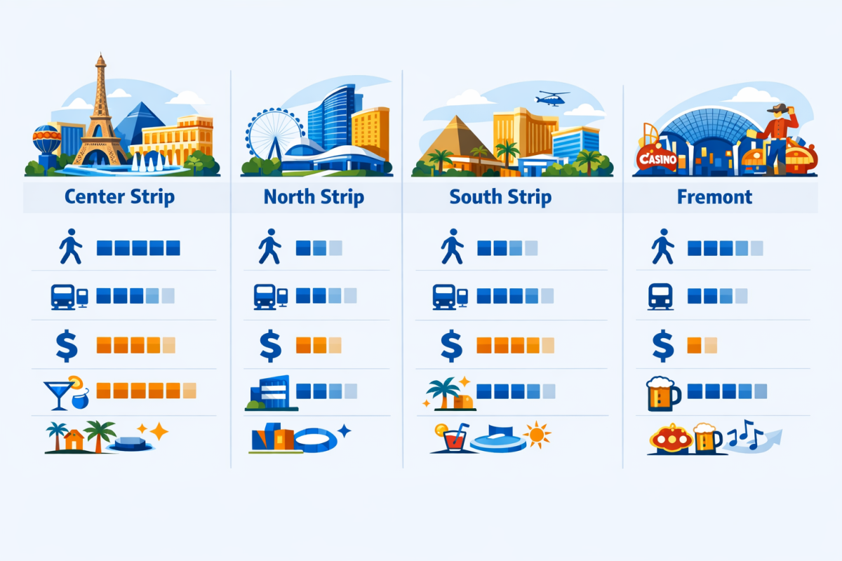 Infographic: Comparison chart of main Las Vegas areas (Center Strip, North Strip, South Strip, Fremont) showing walkability, transit access, price level, and vibe