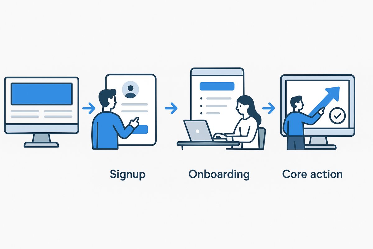 Infographic: Step‑by‑step process diagram showing user flow: Landing page → Signup → Onboarding → Core action → Success metric