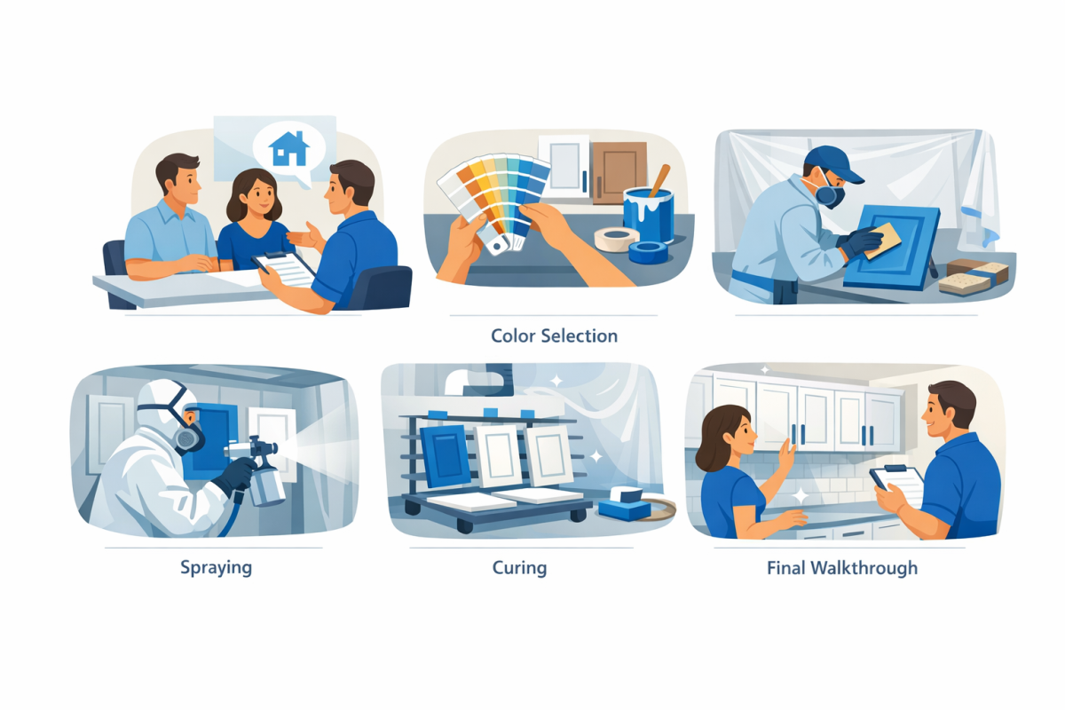 Infographic: Step-by-step process diagram showing the cabinet painting with factory finish workflow, from initial consultation and color selection to prep, spraying, curing, and final walkthrough