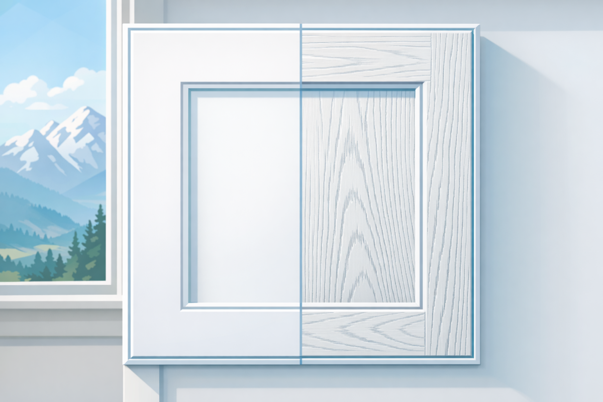 Close‑up of cabinet door profile showing filled grain vs unfilled grain after primer