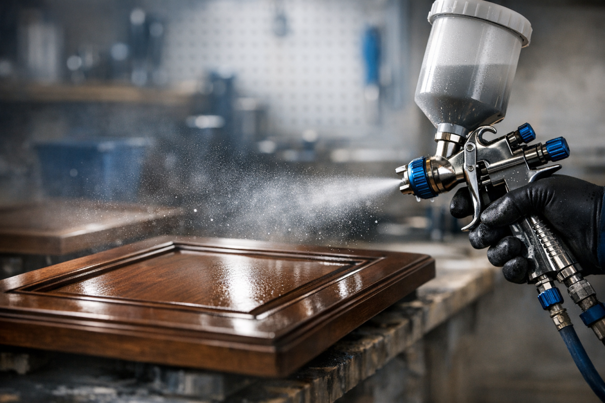 Cinematic close-up of a spray gun applying a smooth coat to cabinet doors in a professional shop