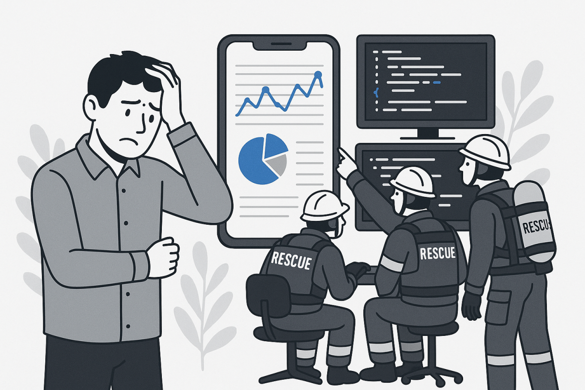 A stressed founder looking at app analytics while a specialized rescue team reviews code on screens