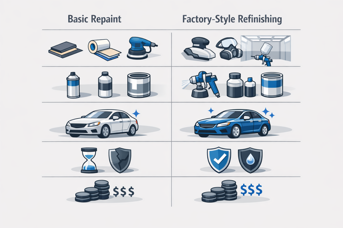 Infographic: Side-by-side comparison chart showing "Basic repaint" vs "Factory-style refinishing" across criteria such as prep steps, products used, finish quality, durability, and typical price range