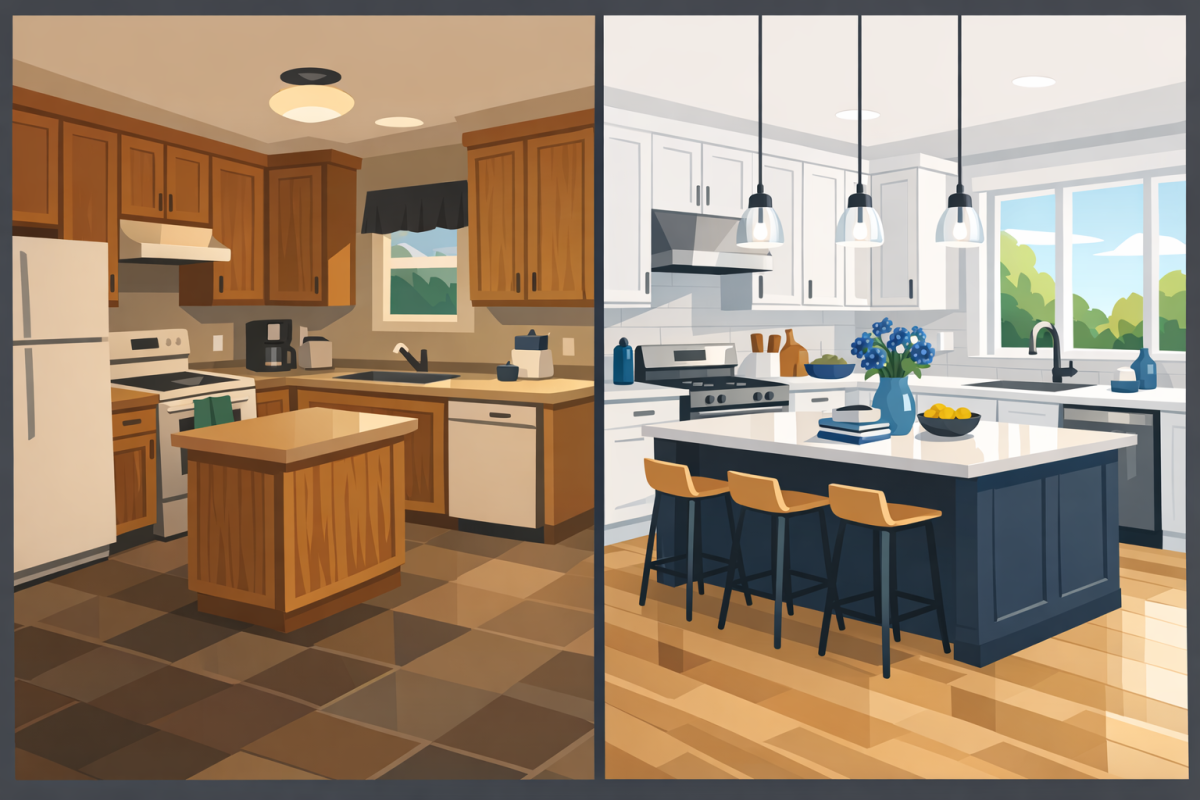 Before-and-after illustration of a dated Denver kitchen with oak cabinets transformed to painted white and a darker island, highlighting how color affects light and resale appeal