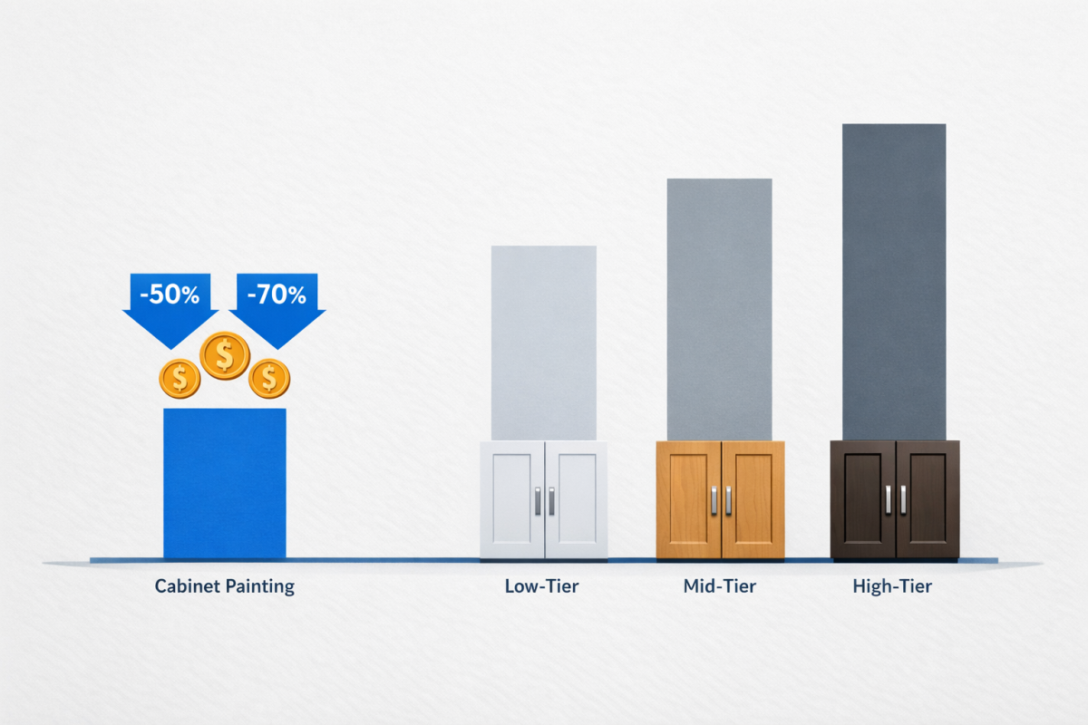 Infographic: Side‑by‑side bar chart showing average Boulder cabinet painting cost vs. low, mid, and high tiers of replacement, with percentage savings indicated