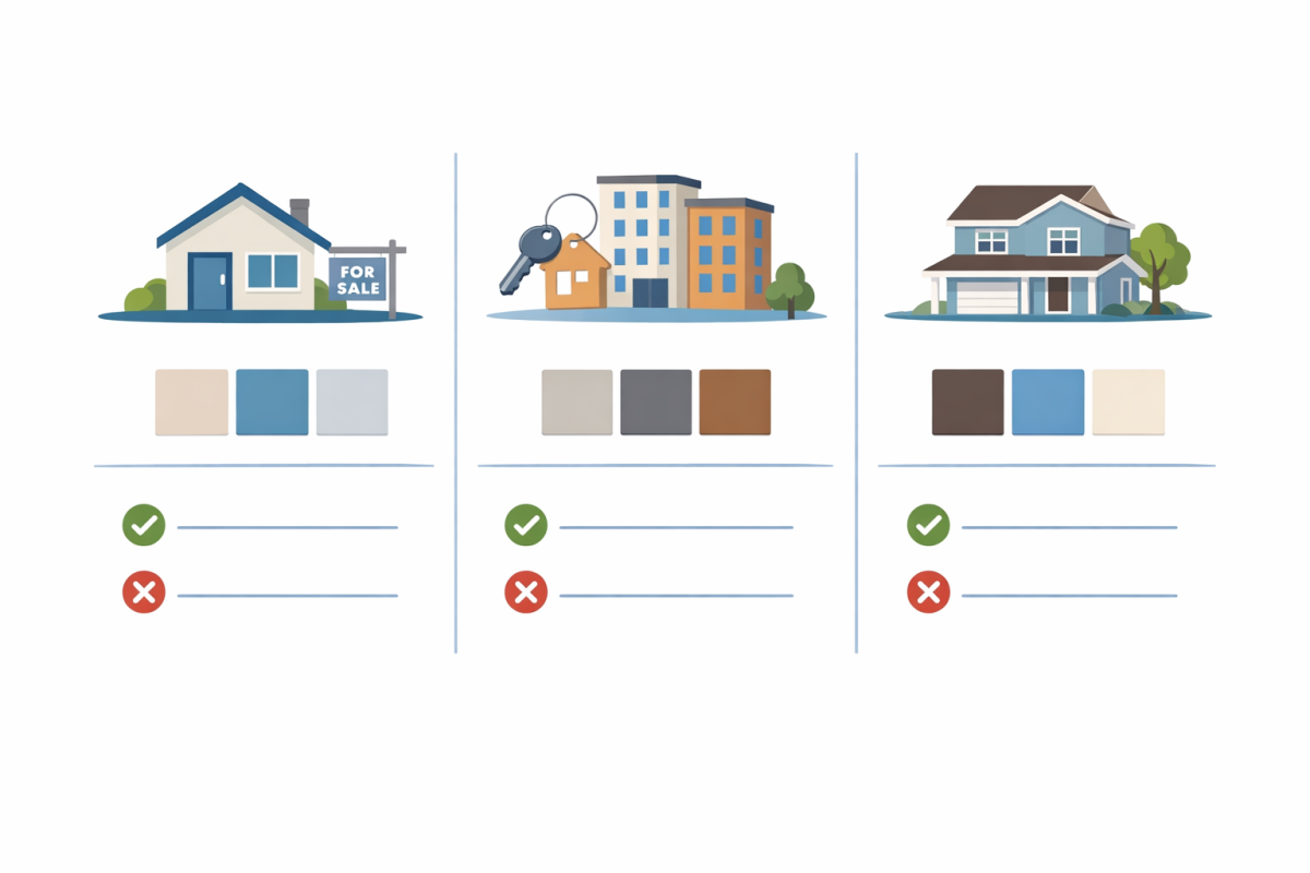Infographic: Side-by-side comparison chart of "Top cabinet colors and finishes in Colorado" by use case: flips, rentals, primary residences, with sample swatches and key pros/cons