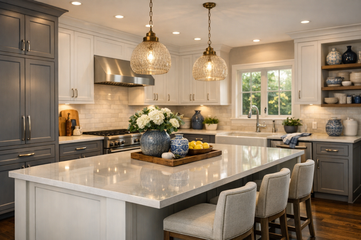 Wide shot of a remodeled Denver kitchen showing two-tone refinished cabinets, quartz counters, and updated hardware