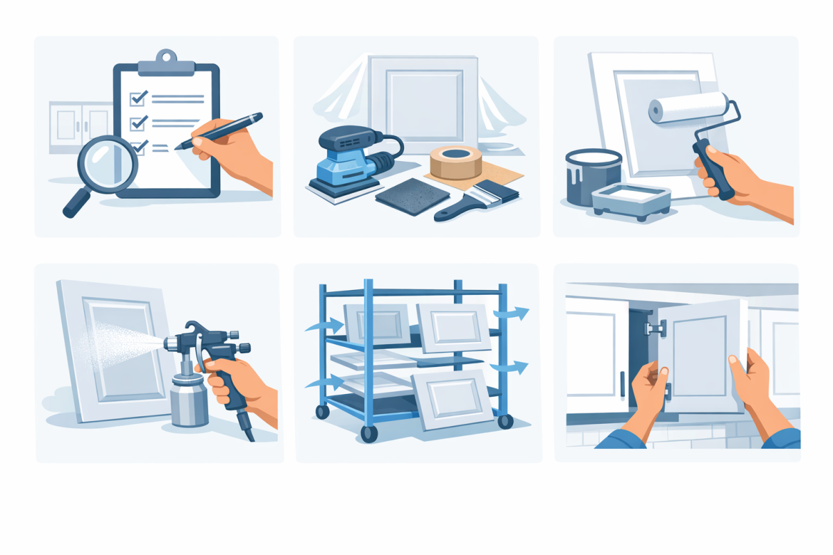 Infographic: Step-by-step process diagram from initial inspection through prep, priming, spraying, curing, and reinstallation