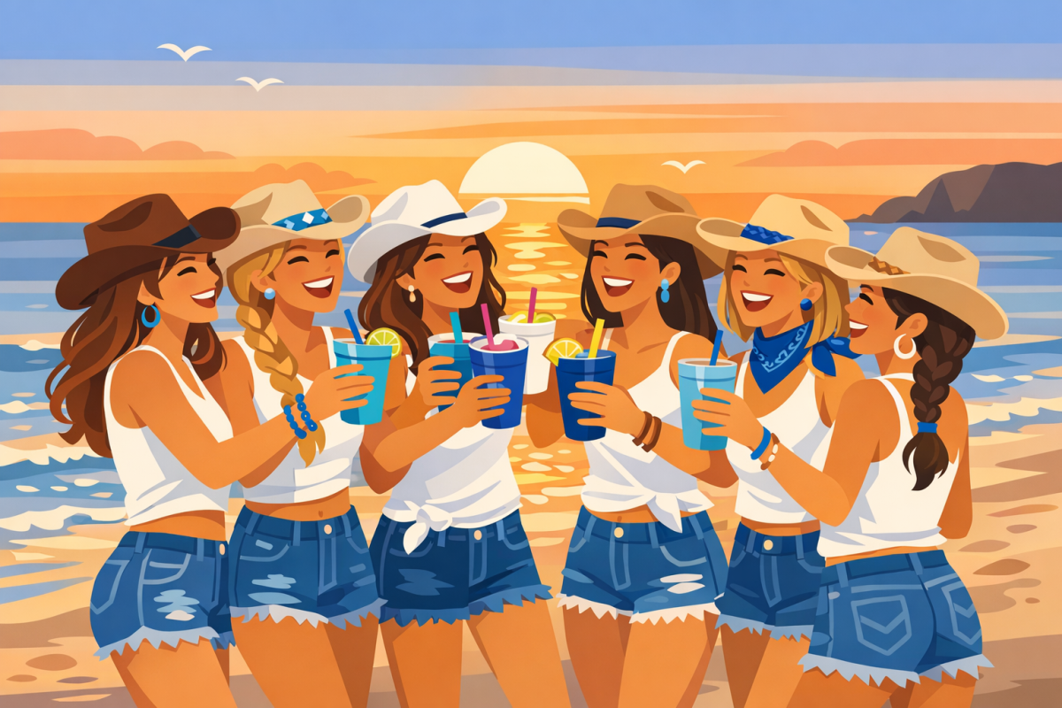 Group of bridesmaids on a small beach at sunset, wearing white tops and denim with cowboy hats, laughing and toasting with reusable cups