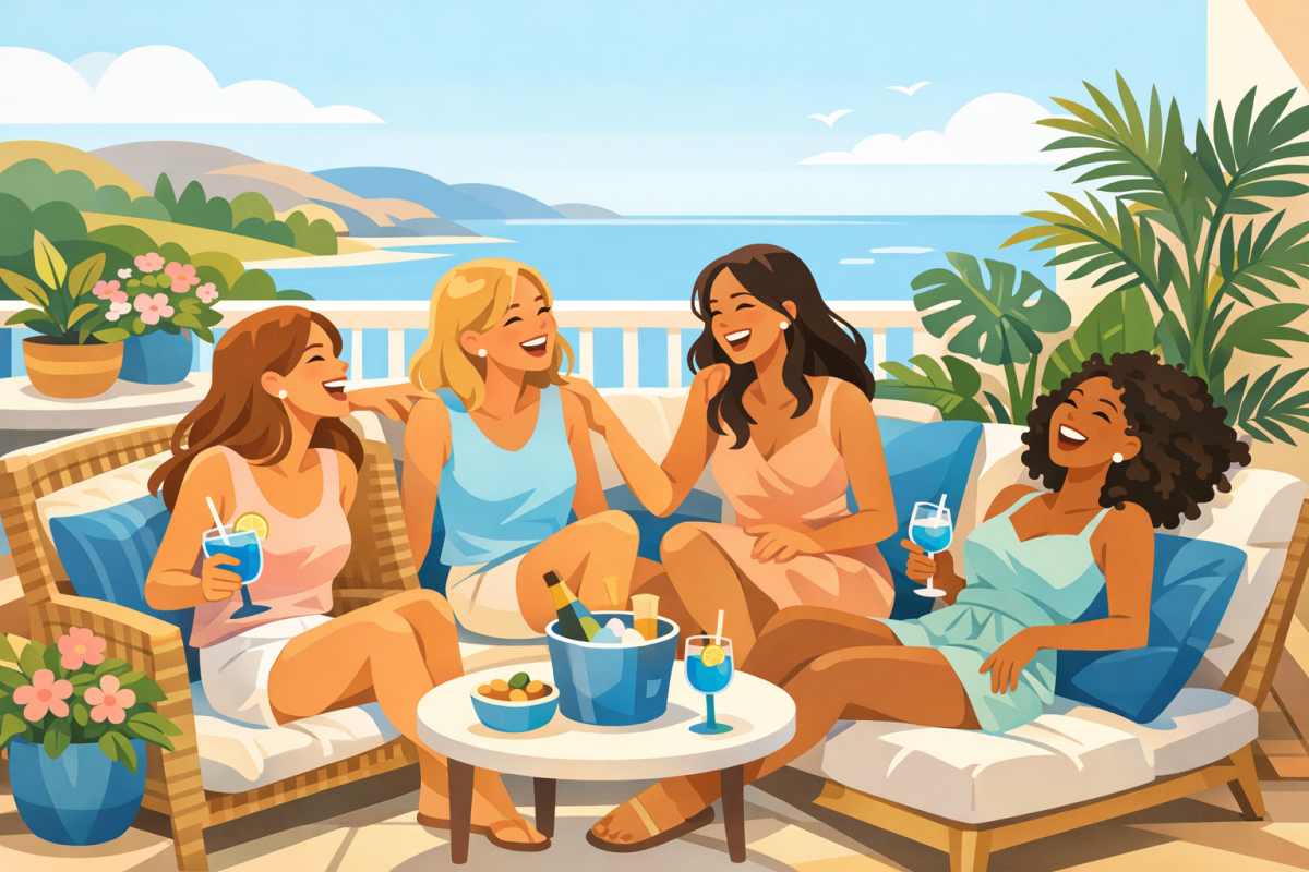Group of bridesmaids relaxing on a balcony of a modest but stylish rental house, laughing together