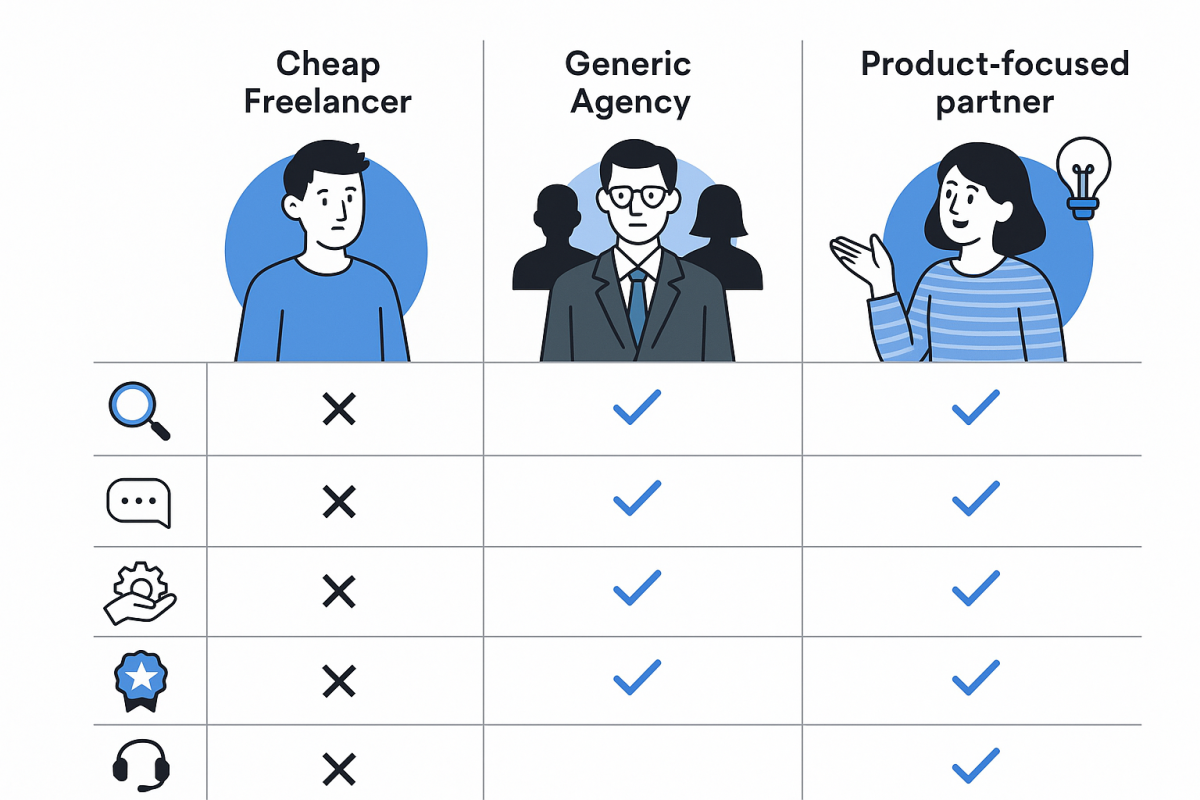Infographic: Comparison chart of “cheap freelancer”, “generic agency”, and “product-focused partner” across criteria like discovery, communication, ownership, quality, and long-term support
