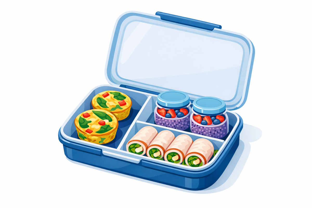 Illustration of a meal-prepped container with egg muffins, chia pudding in jars, and turkey roll-ups neatly arranged