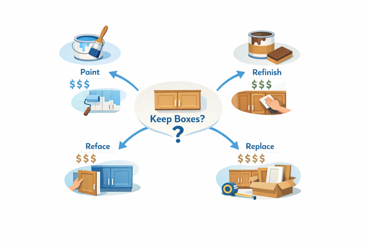 Infographic: Step by step flowchart showing decision path: “Keep boxes?” then branches to “Paint,” “Refinish,” “Reface,” and “Replace,” with cost and best use cases for each