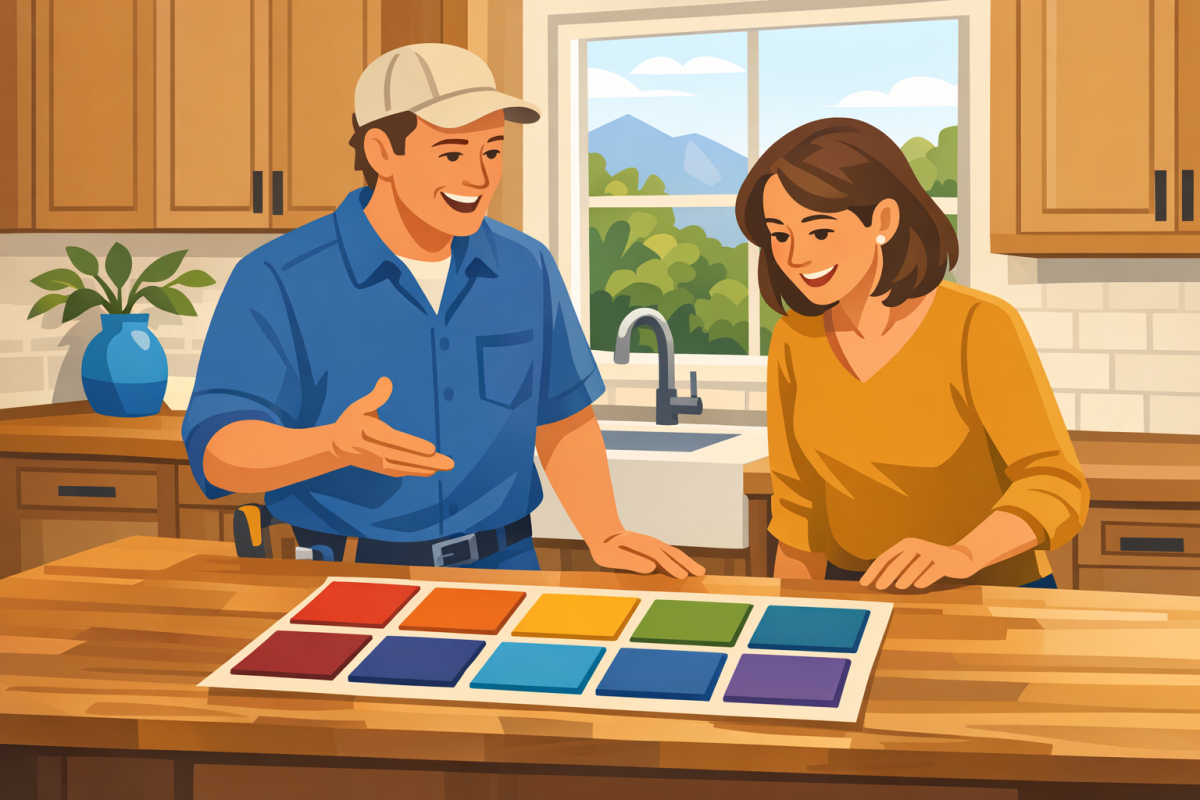 Illustration of contractor and homeowner reviewing cabinet color samples in a Boulder kitchen