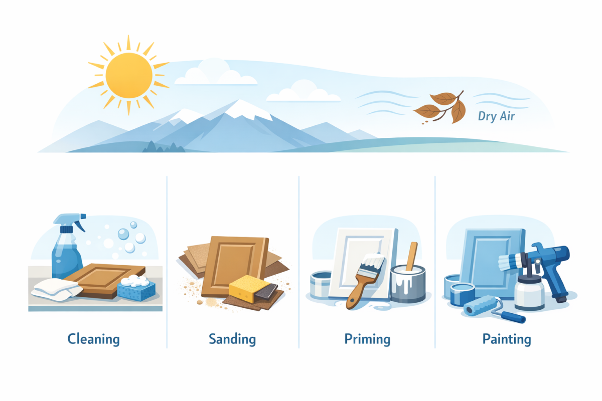 Infographic: Step-by-step process diagram showing the full cabinet refinishing system optimized for Denver climate: cleaning, sanding, priming, and applying 2–3 coats of cabinet-grade paint, with notes on climate-related tips at each step